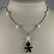 .925 SILVER RHODIUM NECKLACE WITH WHITE AGATE AND LITTLE BOY WITH 3 CRYS... - $48.51
