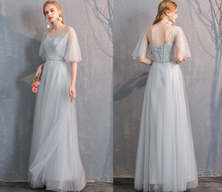 Light Gray Burgundy Blush Pink Blue Bridesmaid Dress Tulle Wedding Dress Sleeves image 2