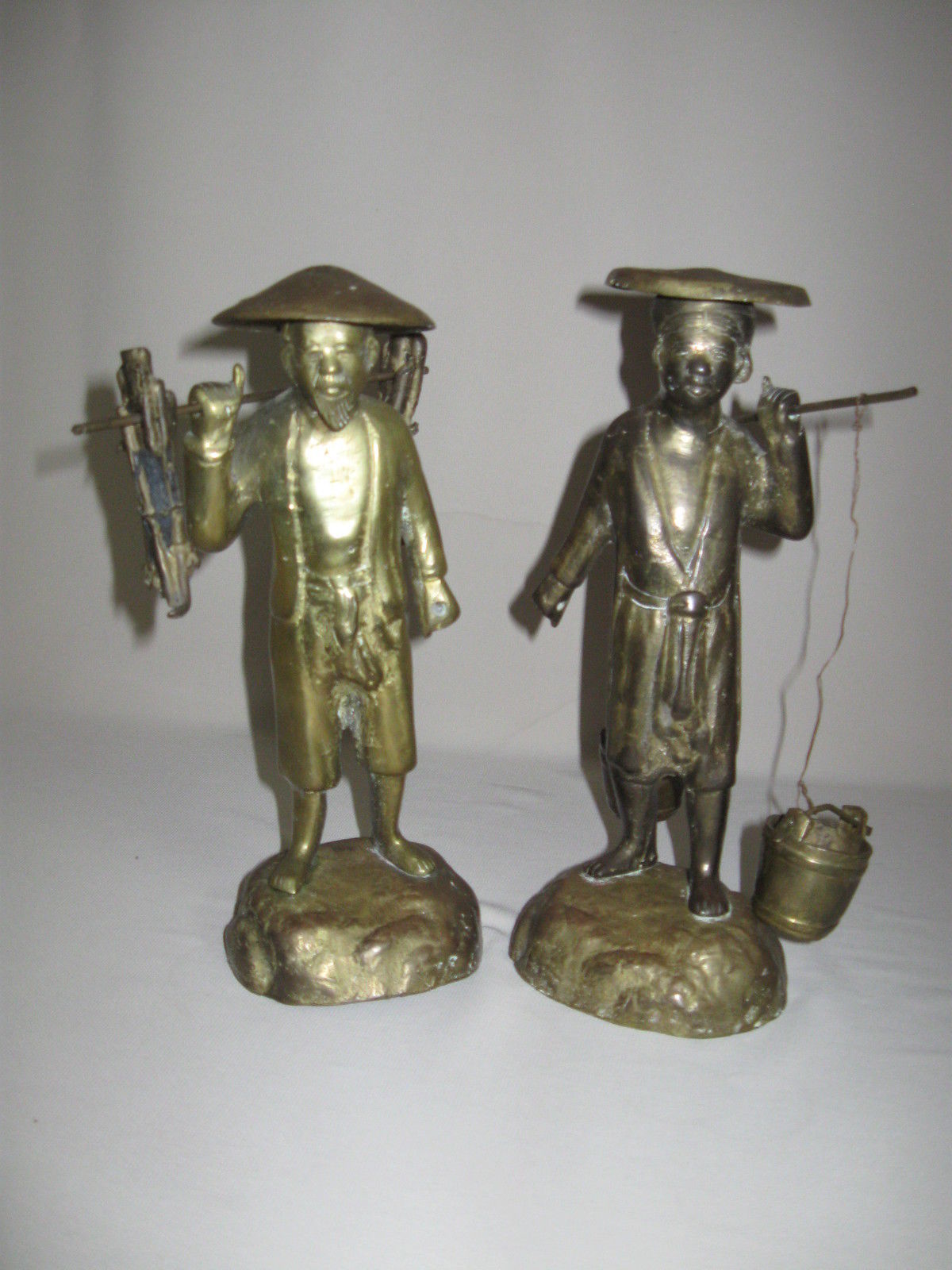 Primary image for Figurine Statue Brass Qty 2 Men Carrying Water Buckets & Branches