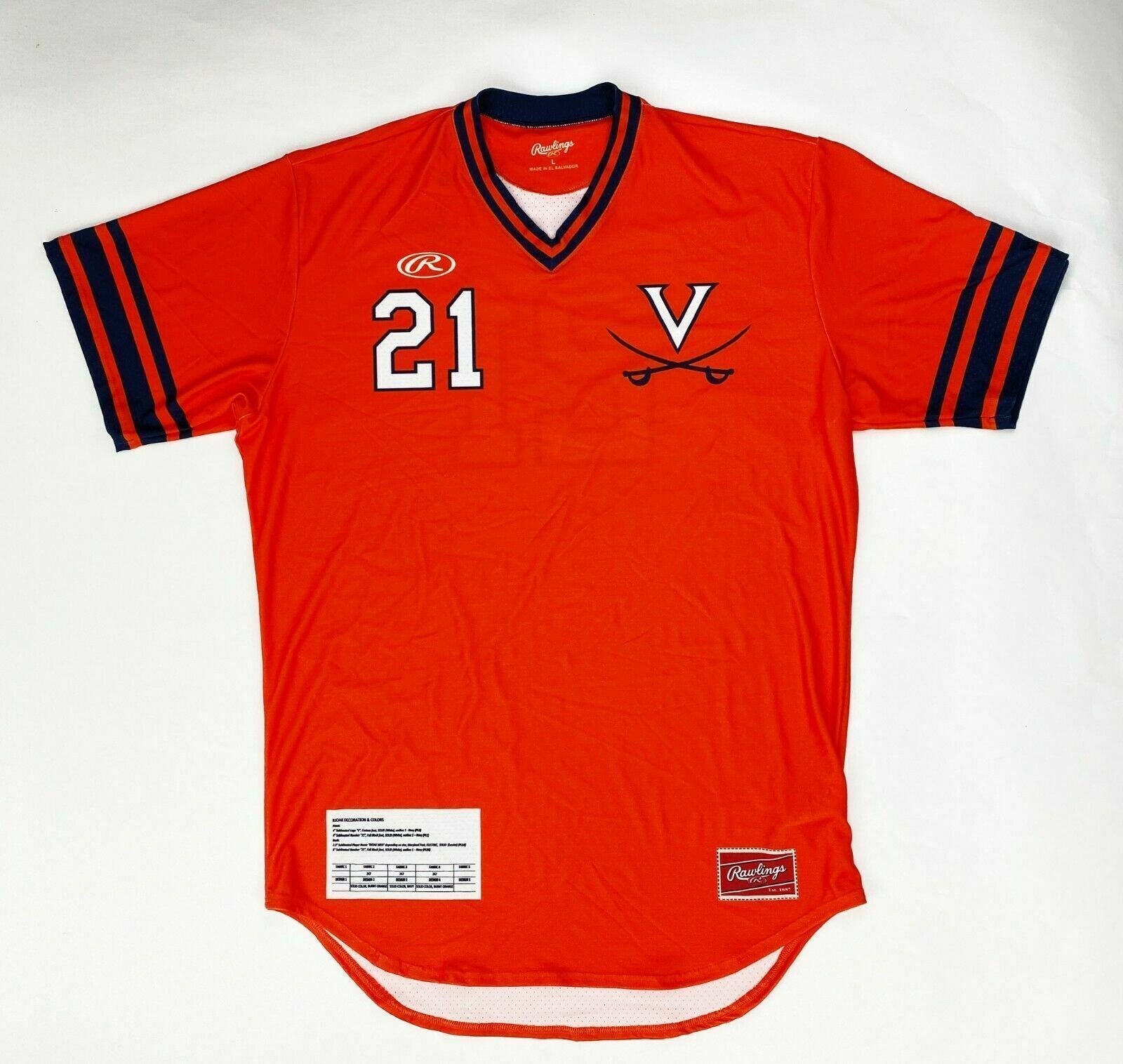 Primary image for Rawlings Virginia SS Baseball Practice Jersey Mesh Men's L Orange Navy Shirt #21
