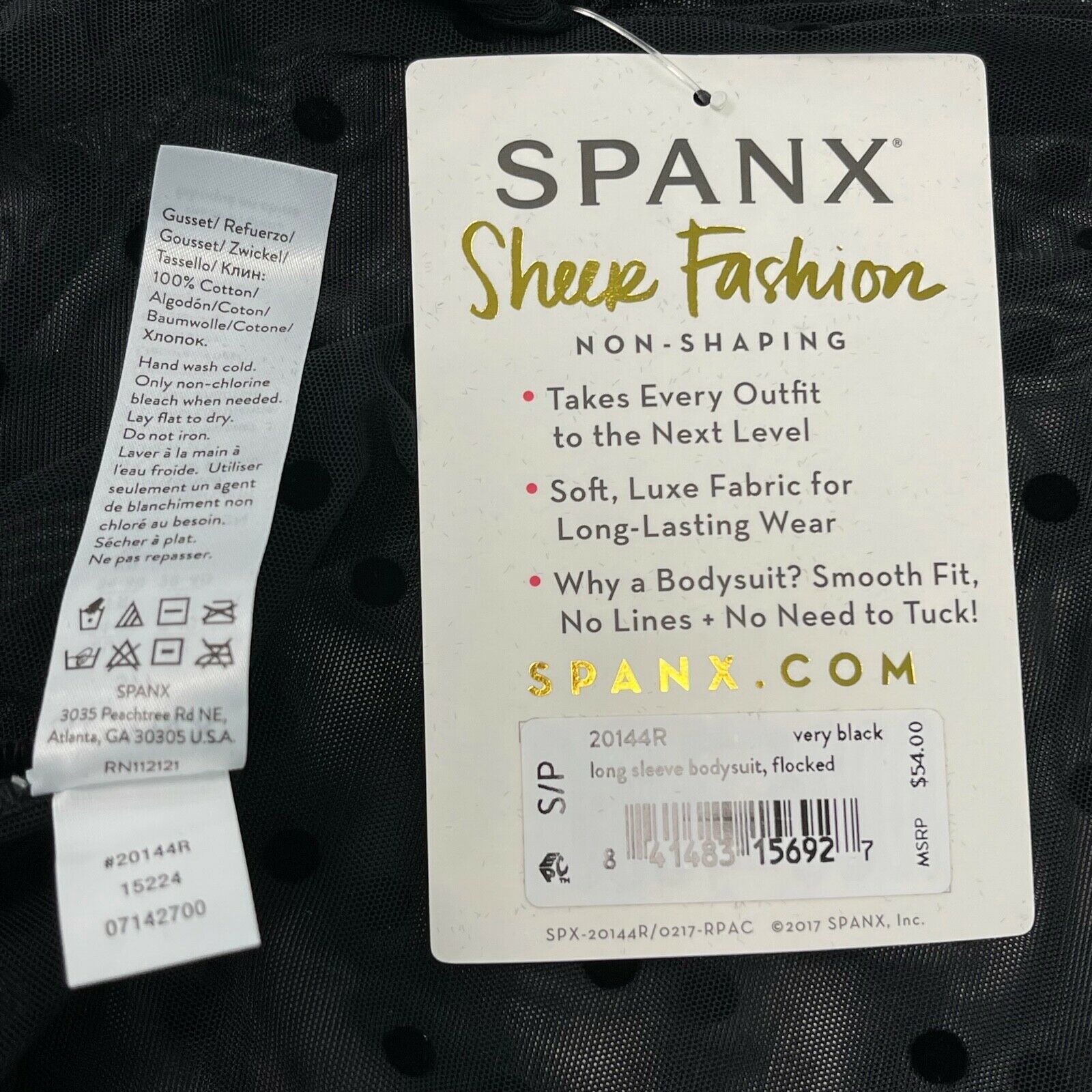 Spanx Mesh Bodysuit Flocked Dots Sheer Fashion Thong Black Long Sleeves  20144R
