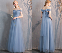 Floor Length Maxi Bridesmaid Dresses Tulle Wedding Dress Light Gray Off Shoulder image 12