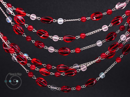 extra-long boho necklace, red, pink and white, handmade in USA, ooak - $34.00