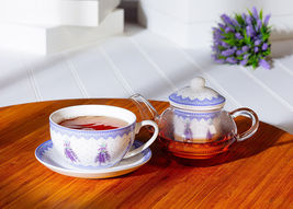 Tea for One Teapot 5 pc Set 12 oz Lavender Sprigs Bone China Glass Mother's Day  image 5