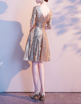 Knee Length Gold Sequin Dress Half Sleeve Sequin Gold Dress Wedding Guest Dress image 7