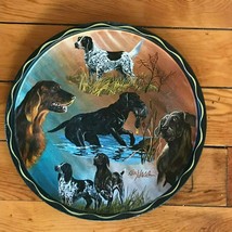 Vintage Artist Signed Various Hunting Dog Breeds Round Metal Shallow Tray – - $9.73