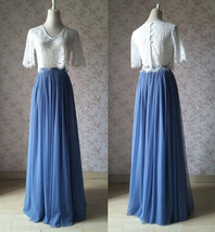Dusty Blue Bridesmaid Dresses 2 Piece Long Tulle Skirt and Sleeve Crop Lace Top 