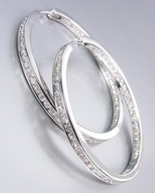 CLASSIC Thin 18kt White Gold Plated Inside Outside CZ Crystals Hoop Earr... - $42.99