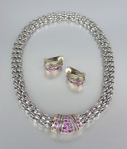 Designer Style Amethyst Pav'e Crystals Silver Mesh Chain Necklace Earrings Set - $34.99