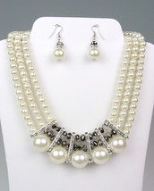 ELEGANT Dressy Creme Pearls SILVER Crystals Bridal Drape Necklace Earrings Set - $26.99