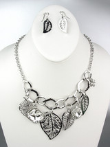 NATURAL Style Silver Metal Leaves Leaf CZ Crystals Charms Necklace Earrings Set - $18.99