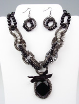 Victorian Black Crystal Pearls Crystals Antique Chains Necklace Earrings Set - $17.99