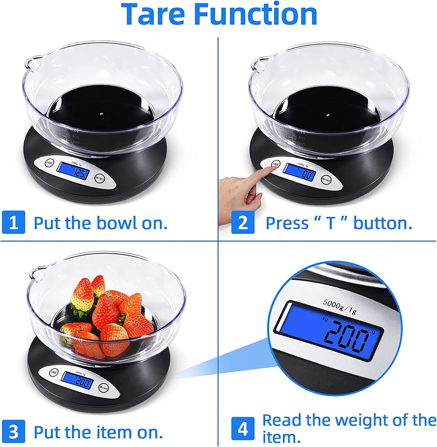 Food Scale Digital Weight Grams and Oz, YONCON Digital Kitchen Scale with  Bowl - Measuring Cup, 11lb by 1g Super Accurate for Cooking, Baking, Tare  Function Easy to Use (Includes Batteries) 