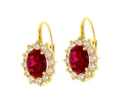 18K YELLOW GOLD FLOWER LEVERBACK EARRINGS BIG 7x9mm OVAL RED CRYSTAL, ZI... - $1,143.00