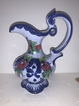 Vintage Ceramic Pitcher Vase Made Hand Painted Portugal Blue Floral Design 7” - $14.84