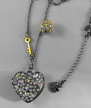 Vera Wang Sparkling Iridescent Rhinestone Gunmetal Heart Locket Key Neck... - $19.99