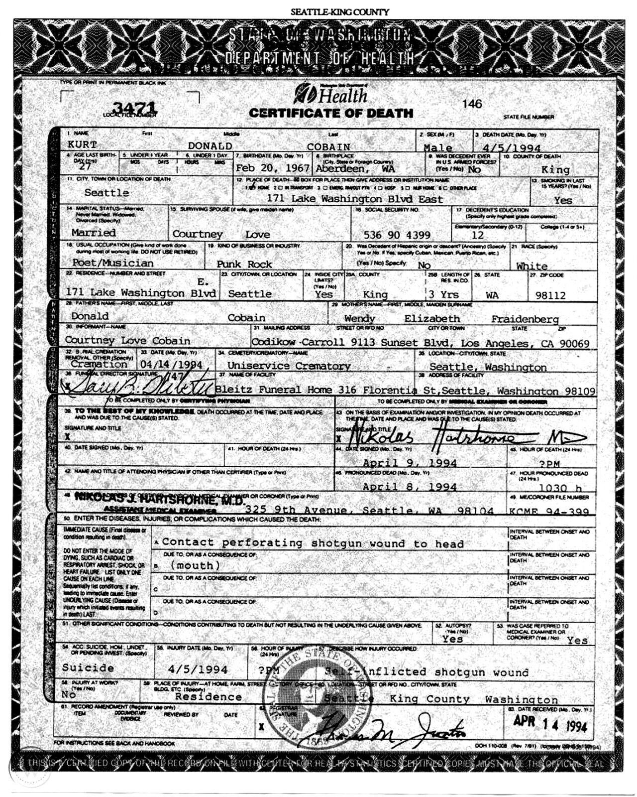 Kurt Cobain Death Certificate Reproduction - Other