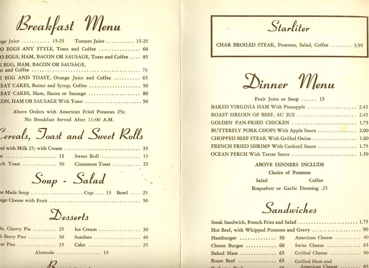 The Starlite Room Menu Palwaukee Airport Wheeling Illinois 1950's - Menus