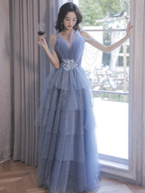 Dusty Blue Maxi Dress GOWNS Deep-V neckline Sleeveless Tulle Wedding Dresses