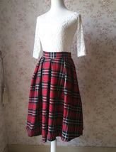 Autumn Women Plaid Skirt Pleated Plaid Skirt - High Waist, Red Check,Midi  image 2