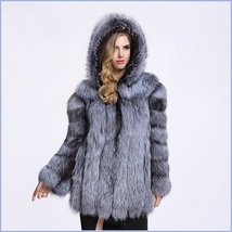 Full Pelt Luxury Hooded Silver Blue Long Sleeve Mink Faux Fur Overcoat Parka