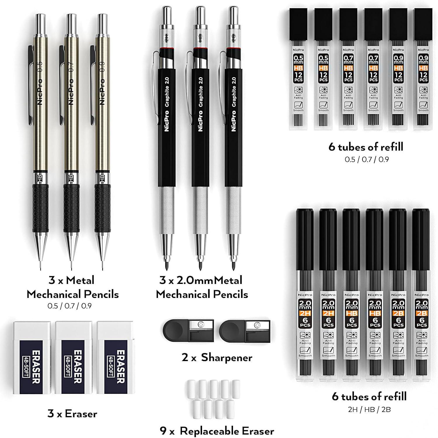 Nicpro 6 PCS Art Mechanical Pencils Set Metal, Artist Drafting Pencil 0.3 &  0.5 & 0.7 & 0.9 mm and 2mm Lead Holder(4B 2B HB 2H) For Art Writing,  Sketching Drawing,With Lead