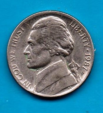 1987 P Jefferson Nickel - Circulated About XF - $0.05