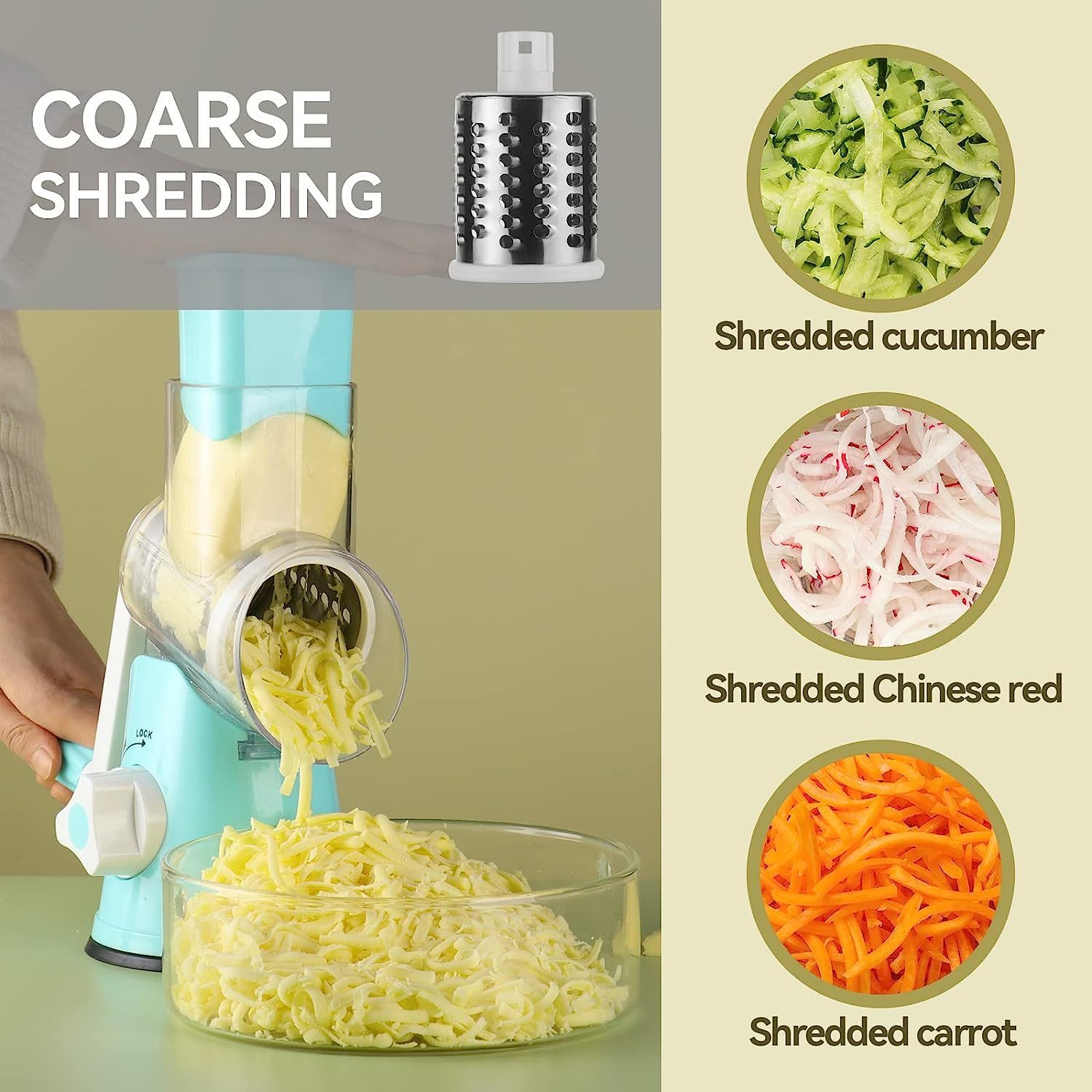 Cheese Grater with Handle, Kitchen Manual Cheese Shredder with 3  Interchangeable Blades, Rotary Cheese Grater Handheld with Strong Suction  Base