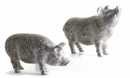 Pig Figurines Washed Brown Set of 2 Standing 10" Long Farm White Leaf Detailing