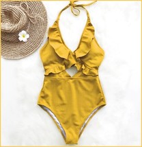 Ruffled Neck Halter Backless Padded Bra High Cut Gold Color Monokini Swimsuit