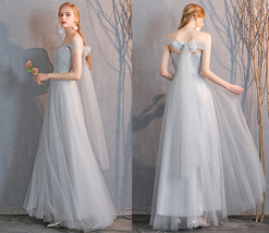Floor Length Maxi Bridesmaid Dresses Tulle Wedding Dress Light Gray Off Shoulder image 3