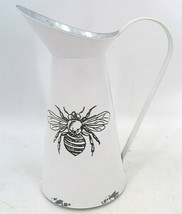 Bee Pitcher Vase 10.5" High Rustic Metal White with Large Handle Retro Design image 2