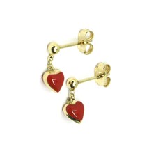 18K YELLOW GOLD PENDANT 12MM EARRINGS WITH RED ENAMEL MINI HEART, MADE I... - $229.48