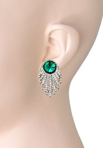 1.5" Long Forest Green Clear Rhinestone Crystal Clip On Earrings Costume Jewelry - $16.63