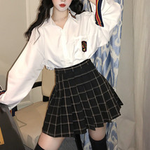 Plus Size Black Plaid Skirt Outfit High Waisted Full Pleated Black Plaid Skirt  image 2