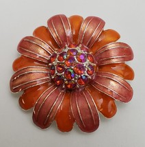 Vintage Avon Enamel Flower Brooch Pin Orange Pink Rhinestones Silver-Tone Trim - $29.65