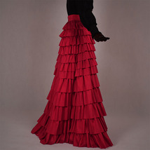 Women Dark Red Layered Maxi Taffeta Skirt Outfit Maxi Party Prom Skirt Plus Size image 2