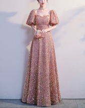 BLUSH PINK Maxi Sequin Dress GOWNS Vintage Sleeved High Waist Sequin Prom Dress