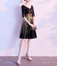 Women Knee Length Black Gold Sequin Dress Sleeved V Neck Sequin Dress Plus Size image 5