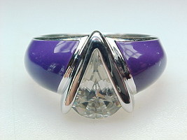 PURPLE ENAMEL and CUBIC ZIRCONIA Art Deco RING in Sterling Silver - Size 6 - $60.00