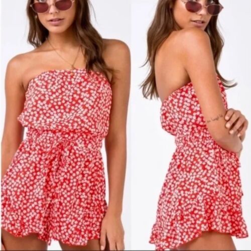 Primary image for Princess Polly Romper Size 4 Vinca Red White Floral Strapless Ruffled Playsuit