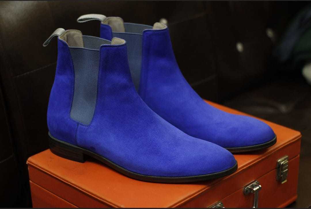 Handmade Men's Royal Blue Suede Leather Formal & Casual Chelsea Boots ...