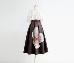 Black Midi Party Skirt with Pockets A-line Floral Black Party Skirt Outfit image 1