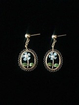 Vintage 60s gold filigree with blue enamel daisy & pearl post dangle earrings