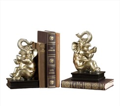 Playful Elephant Bookends Set of 2 Golden Trunk Up 9" High Poly Stone Books