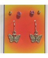 3 pair Earrings Gold tone Butterflies Pink Studs and Gold Ball studs - $4.00