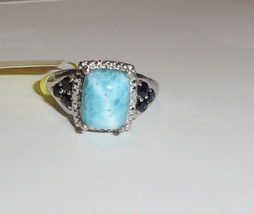 LARIMAR CUSHION SOLITAIRE &amp; BLUE SAPPHIRE ROUND RING, SILVER, SIZE 9, 4.... - $49.99