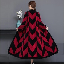Luxury Long Red And Black V Neck Chevron Design Lamb Shearling Sheepskin Coat image 1