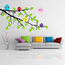 ( 24'' x 16'') Vinyl Wall Colorful Decal Tree Branch with leaves and Five Cute B - $23.29