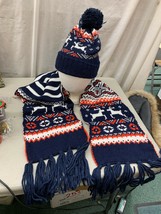 Vintage 2pc SET Ski Beanie Knit Pom Stocking Hat & Scarf Red White Blue Deer - $39.99